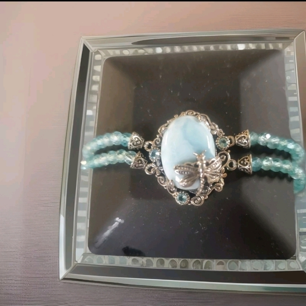 Larimar Paraiba Apatite Dragonfly Sterling Silver Bracelet - Picture 3 of 8